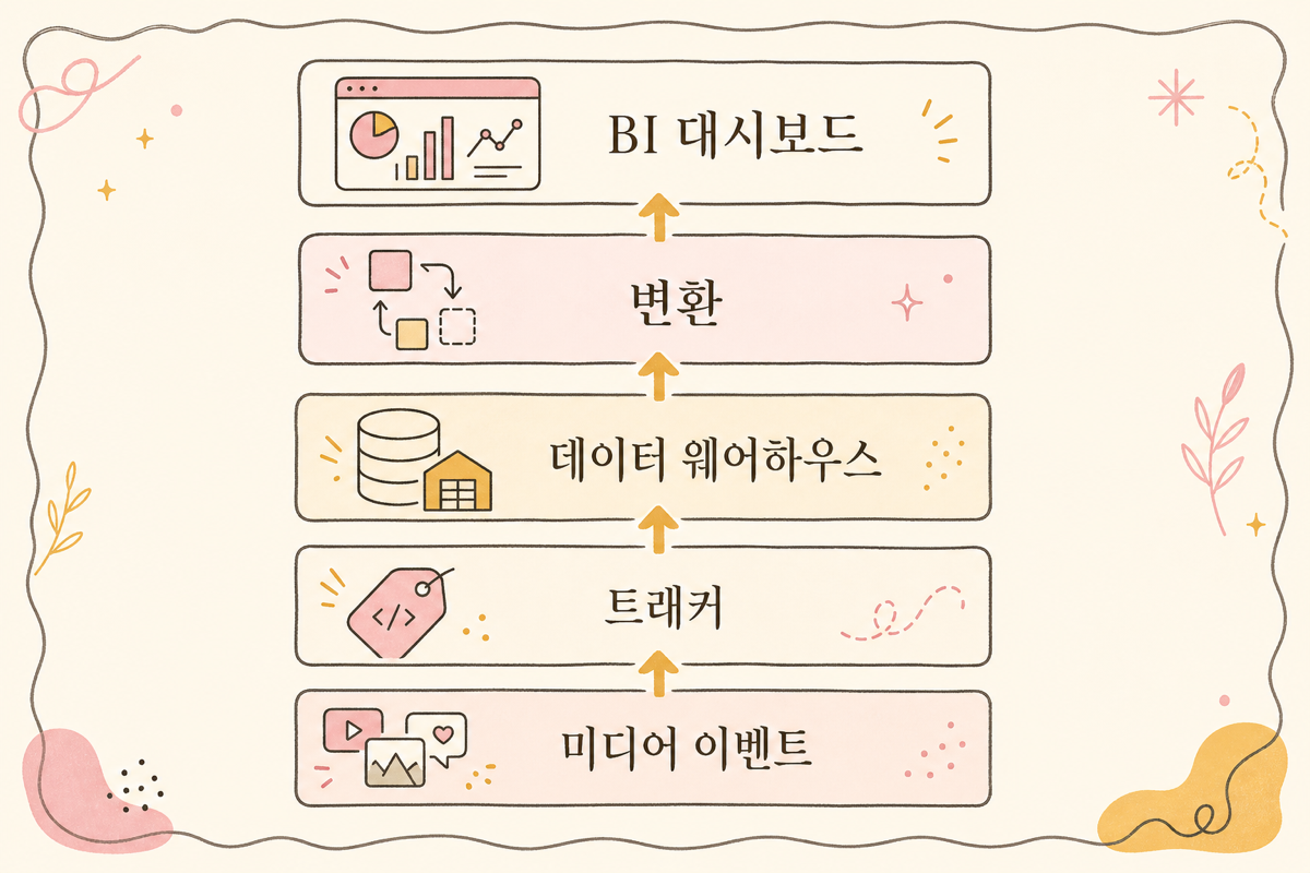 impression부터 BI까지 5개 레이어를 거치는 데이터 흐름 다이어그램