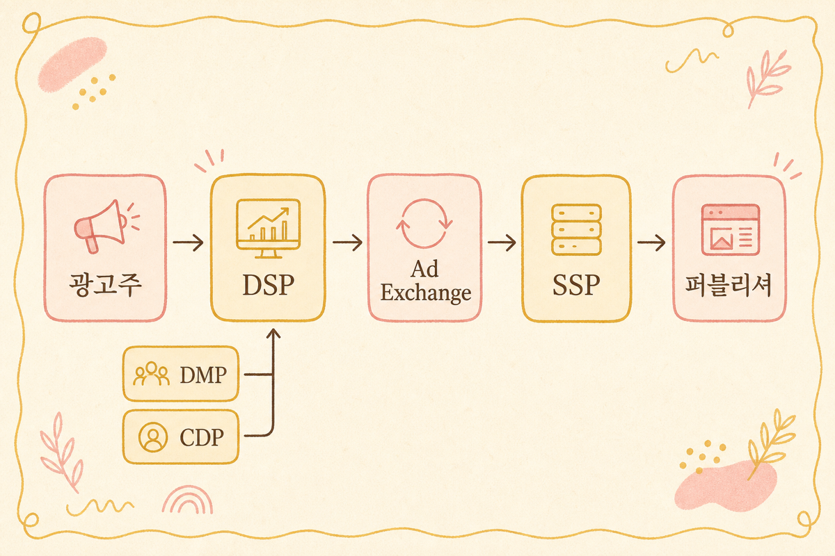 광고주 → DSP → Ad Exchange → SSP → 매체로 이어지는 한 임프레션의 흐름 다이어그램