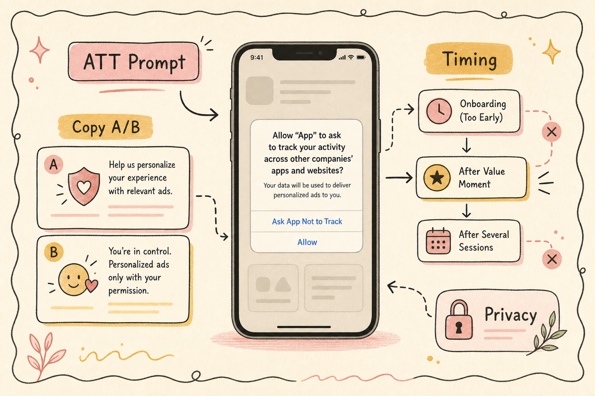 iOS ATT 프롬프트 최적화의 카피 변형과 타이밍 결정 다이어그램