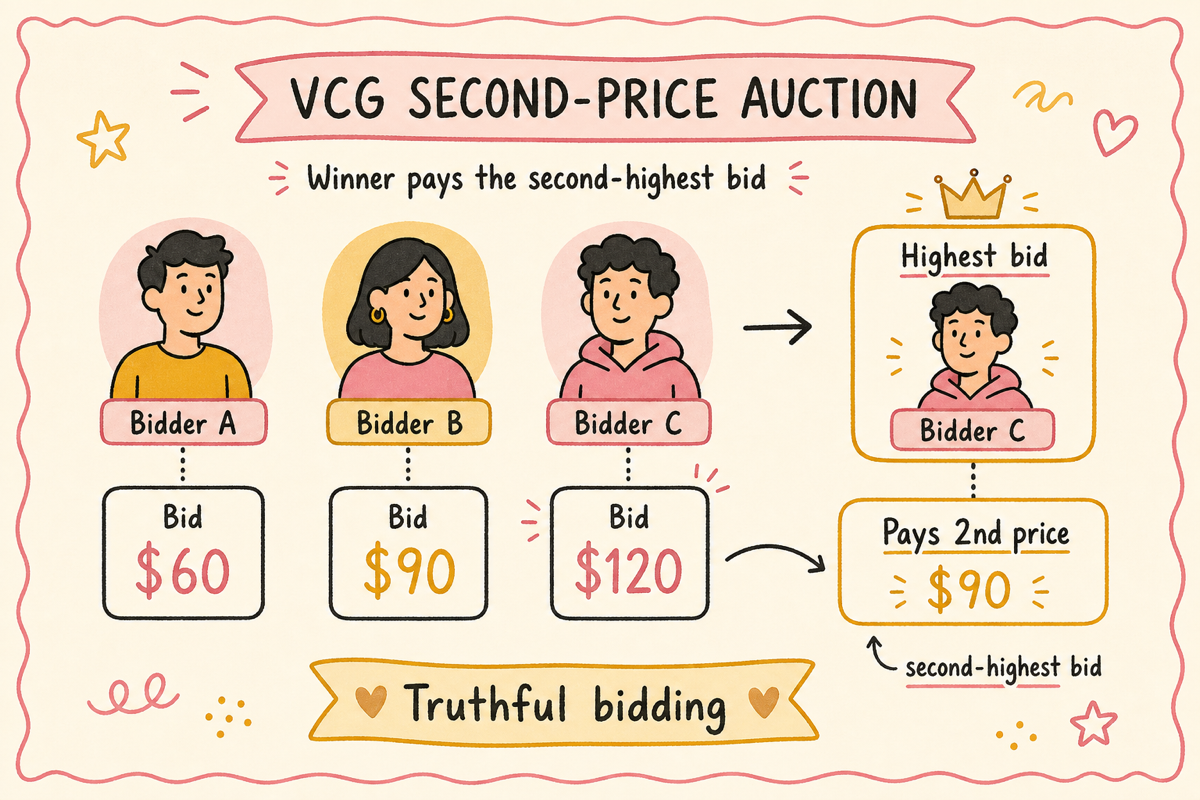 second-price VCG 경매 메커니즘 — 진실 신고가 최선이 되는 다이어그램