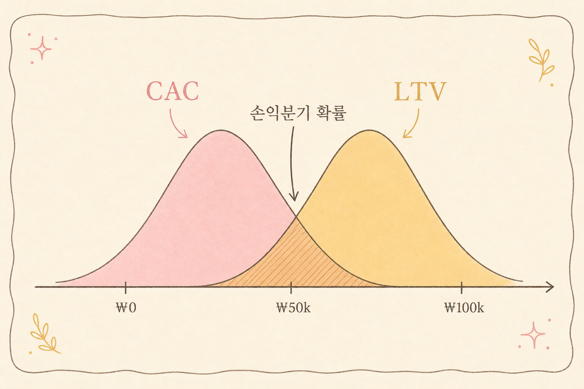CAC와 LTV 분포가 만나는 손익분기 영역을 시각화한 인포그래픽