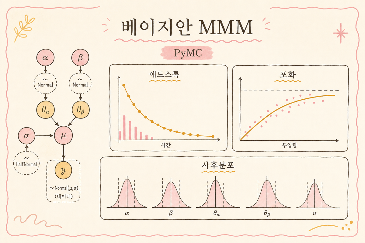 PyMC-Marketing의 adstock 감쇠곡선과 saturation 포화곡선이 posterior로 합쳐지는 다이어그램