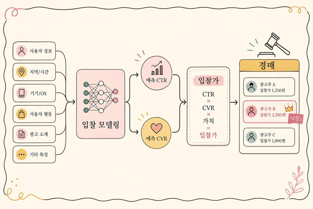 pCTR·pCVR·pLTV가 가치로 변환되어 bid 가격으로 산출되는 머신러닝 파이프라인