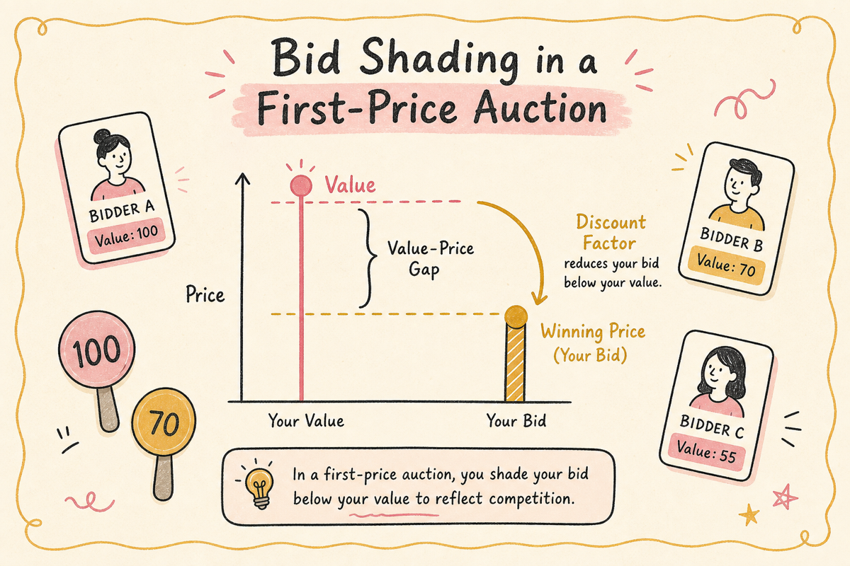bid shading — 가치 대비 적정 입찰가를 찾는 first-price 경매 다이어그램
