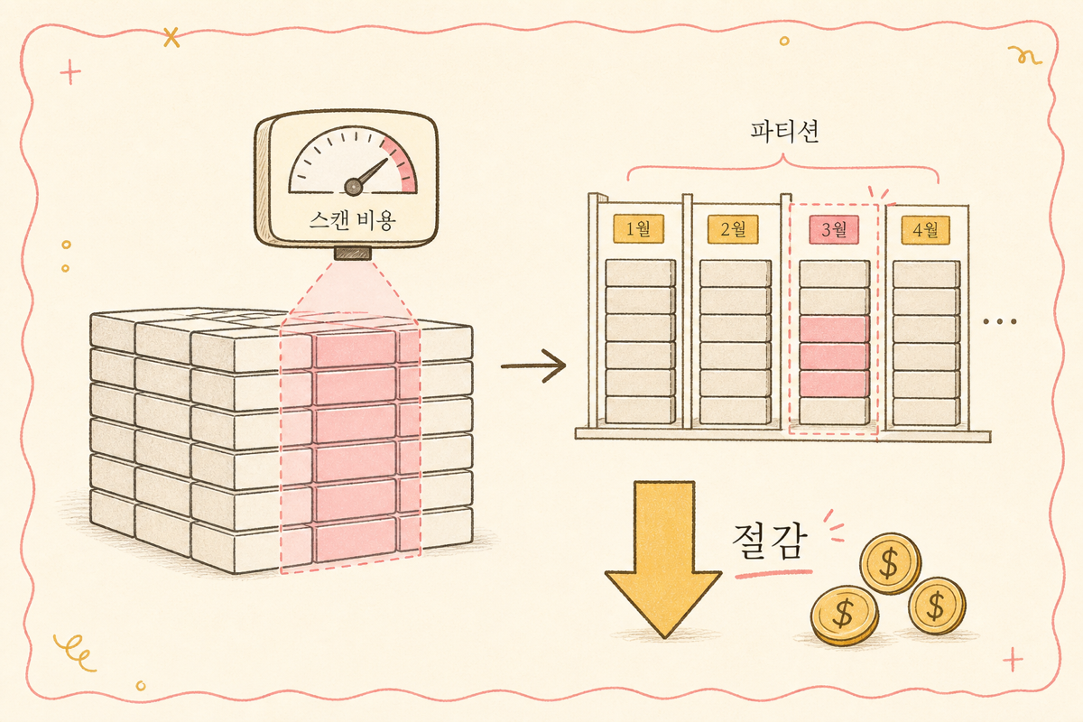 BigQuery 스캔 과금 모델과 파티션·클러스터링으로 스캔 영역을 줄여 비용을 낮추는 흐름을 보여주는 다이어그램