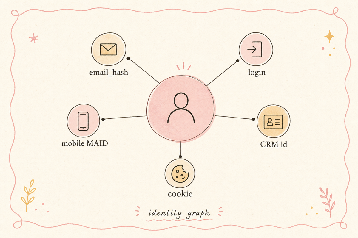 앱·웹·CRM·이메일 식별자가 한 사용자 노드로 연결되는 ID 그래프 모식도