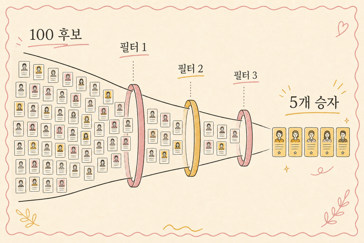 100개 → 30개 → 10개 → 5개로 추려내는 3단계 funnel 다이어그램