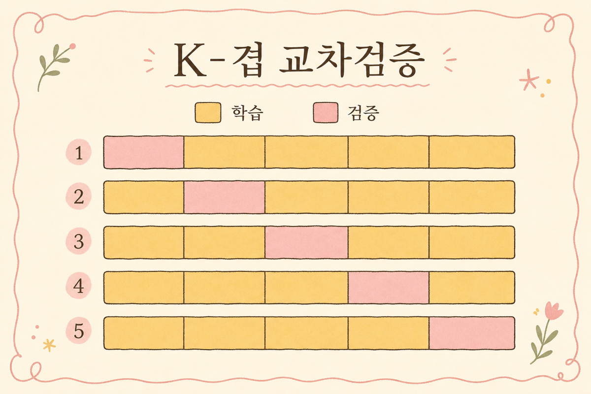 5-fold cross-validation의 데이터 분할 다이어그램 — 5개 fold가 차례로 검증 자리
