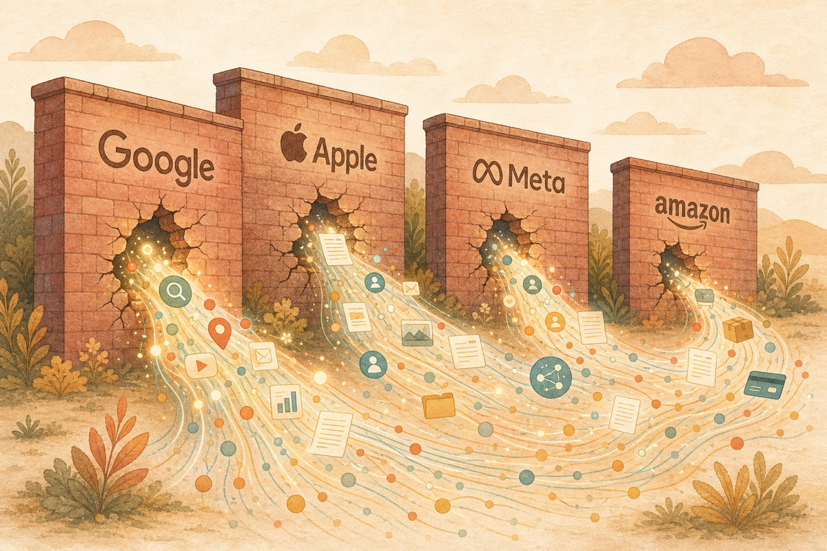 Meta·Google·Apple의 닫힌 영역 일부가 DMA로 강제 개방되는 모습 다이어그램