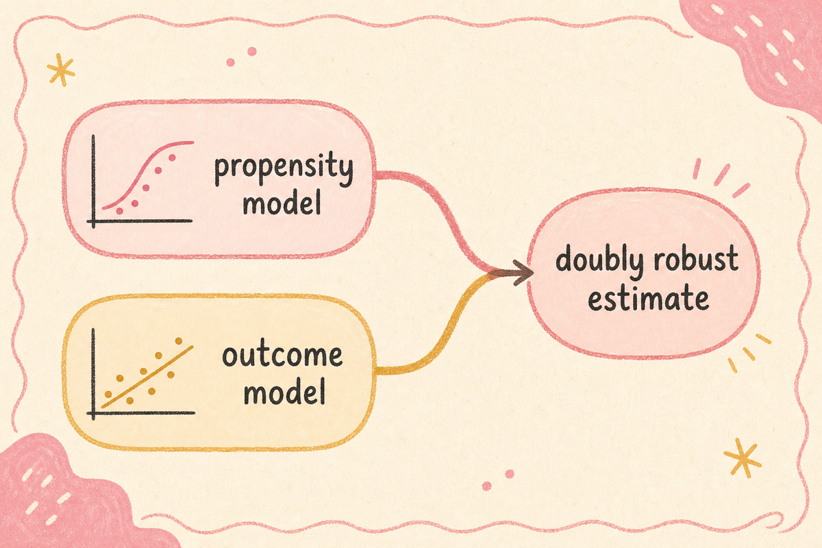 Propensity weighting과 outcome regression이 평행으로 결합되는 doubly robust 다이어그램