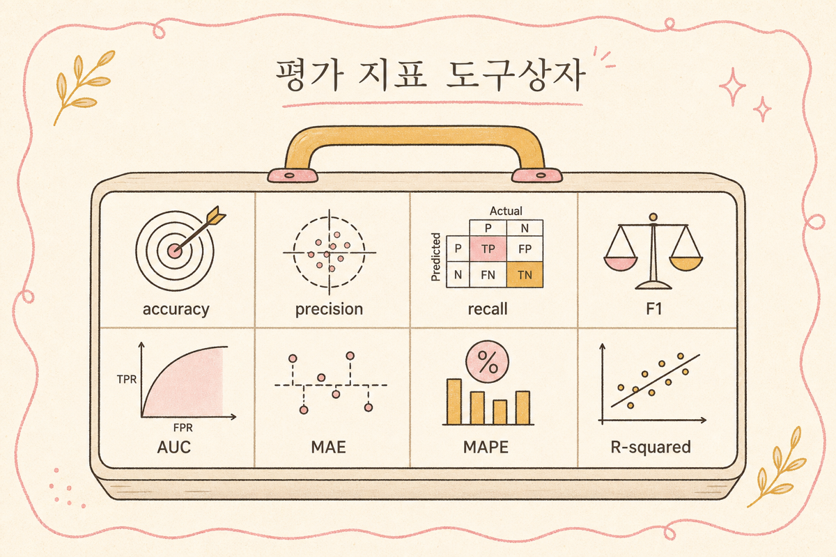 회귀·분류 평가 지표 8가지의 비교 다이어그램