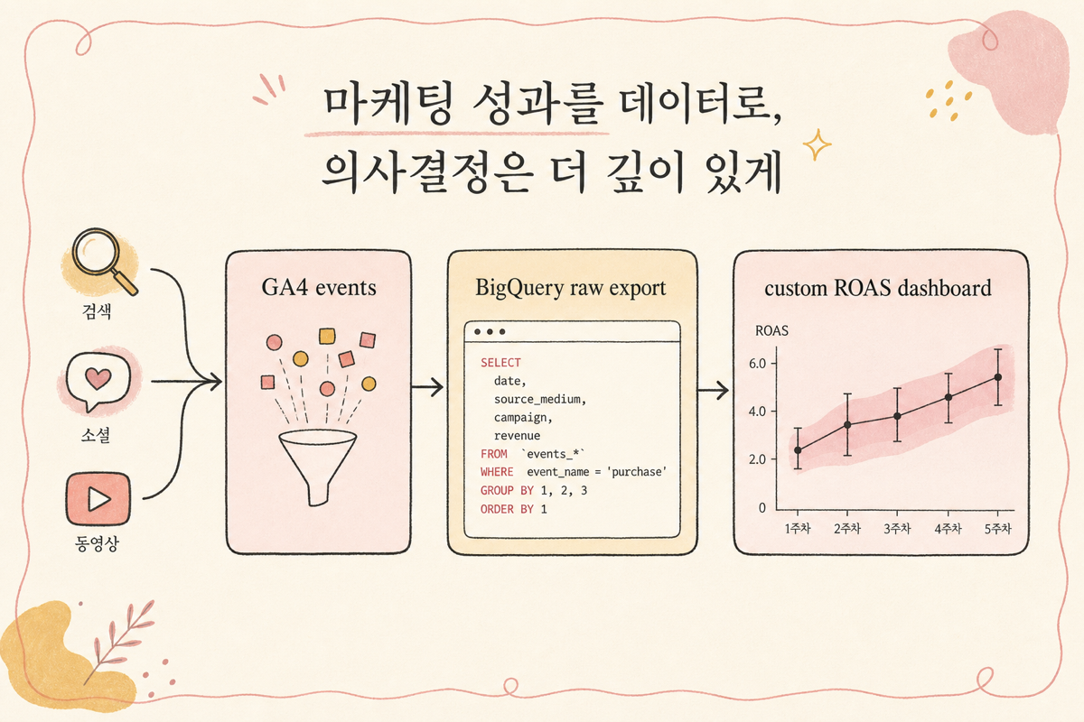 GA4에서 BigQuery로 raw event를 익스포트해 자체 ROAS 대시보드를 만드는 파이프라인 다이어그램