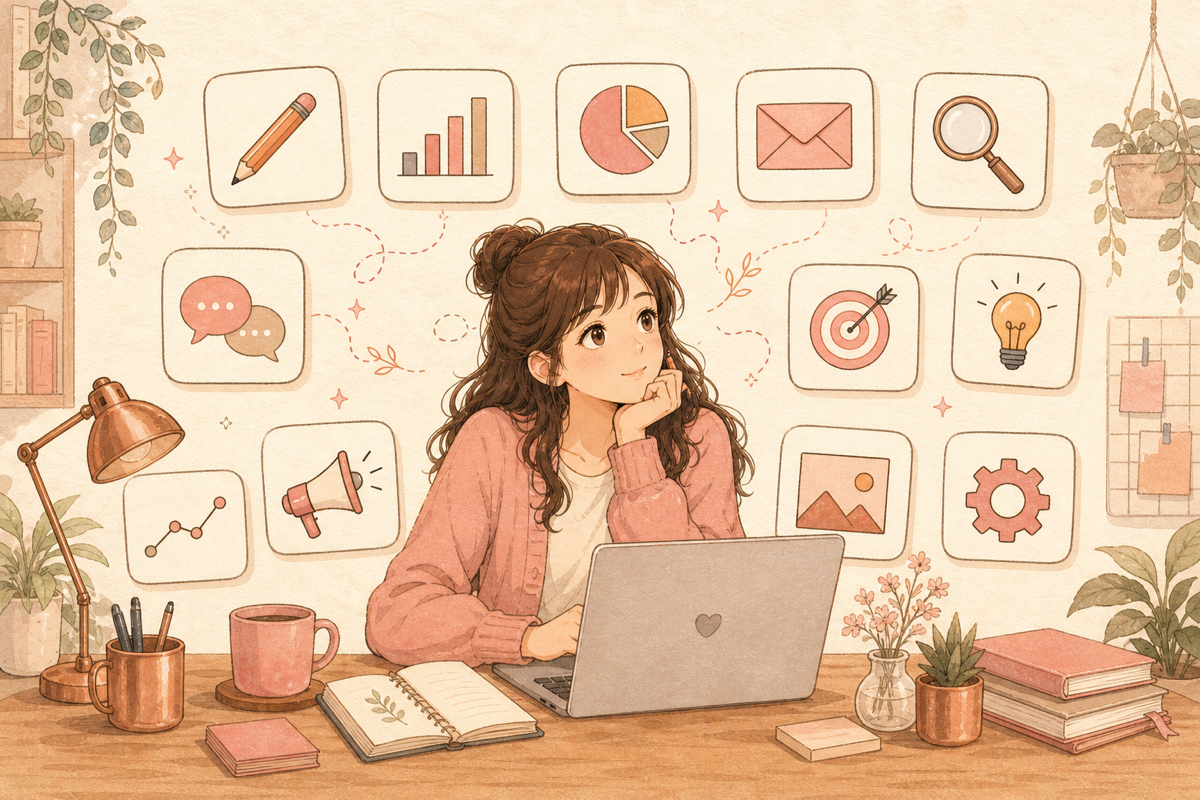 카피, 리포팅, 요약, 시각화 네 영역의 업무에 프롬프트 도구를 연결한 툴킷 일러스트