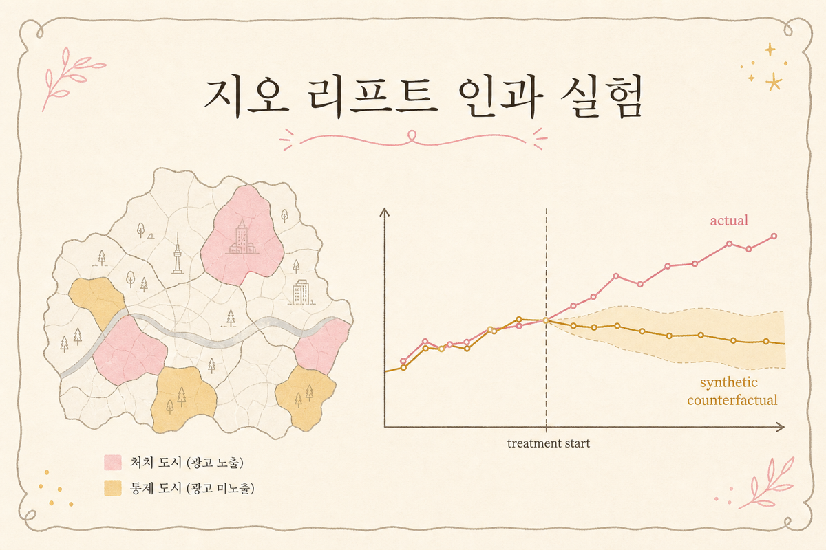 광고 ON 도시와 합성 대조군 도시의 매출 곡선이 분기되는 다이어그램