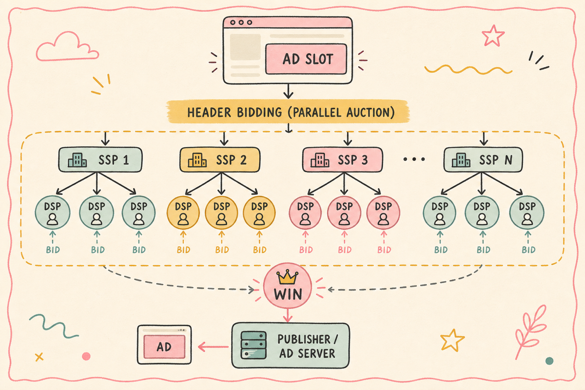 header bidding — 여러 SSP·DSP가 동시에 입찰하는 병렬 경매 구조