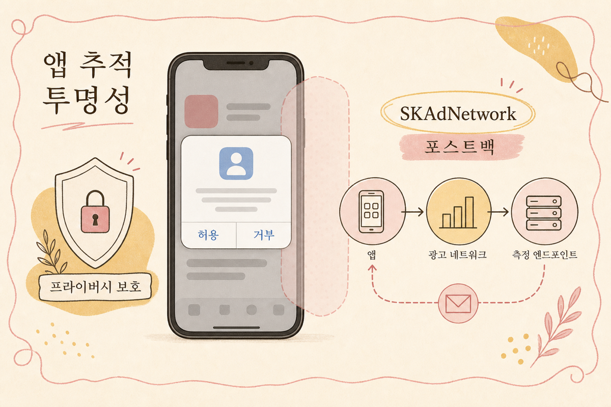 iOS ATT 동의 프롬프트와 SKAdNetwork postback이 모이는 흐름 다이어그램