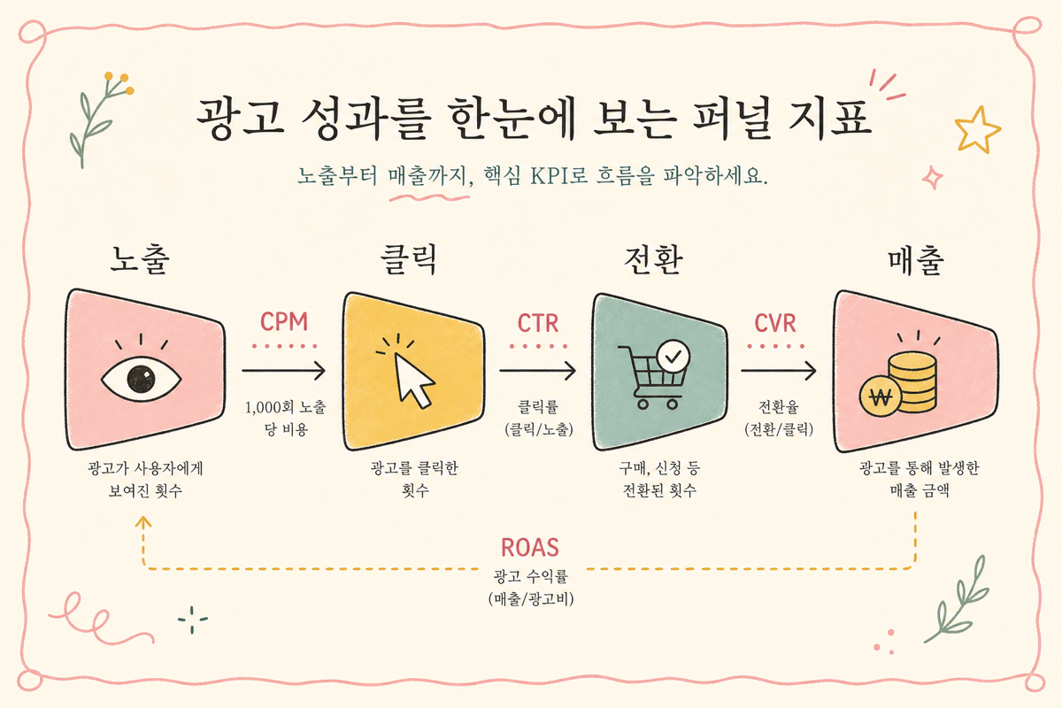 광고 funnel — 임프레션·클릭·전환·매출의 단계와 각 단계 KPI 다이어그램