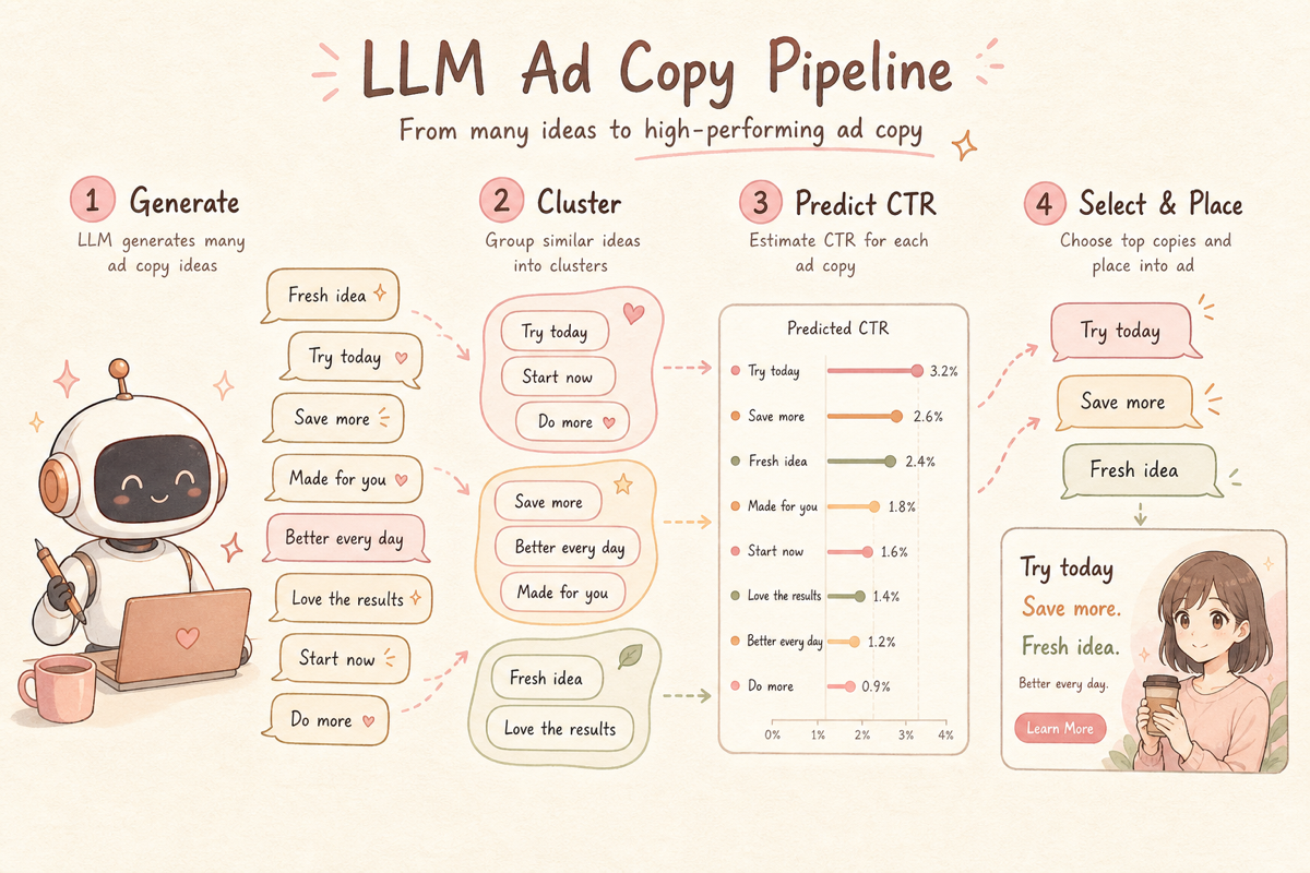 LLM 광고 카피 파이프라인 — 양산, 임베딩 클러스터링, CTR 예측, A/B 선별 4단계