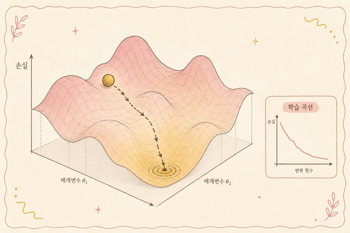 손실 함수가 학습 반복마다 줄어드는 곡선과 gradient descent 다이어그램