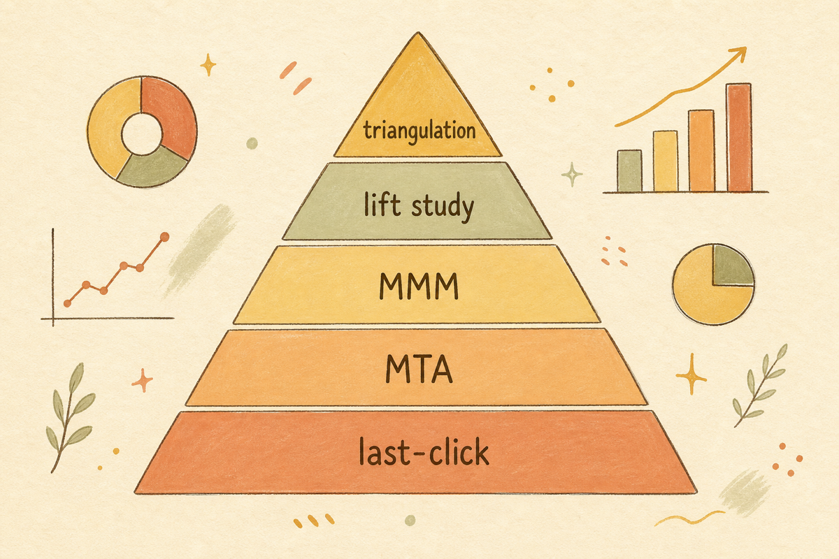 last-click → multi-touch → MMM → lift study → triangulation 5단계 피라미드 다이어그램