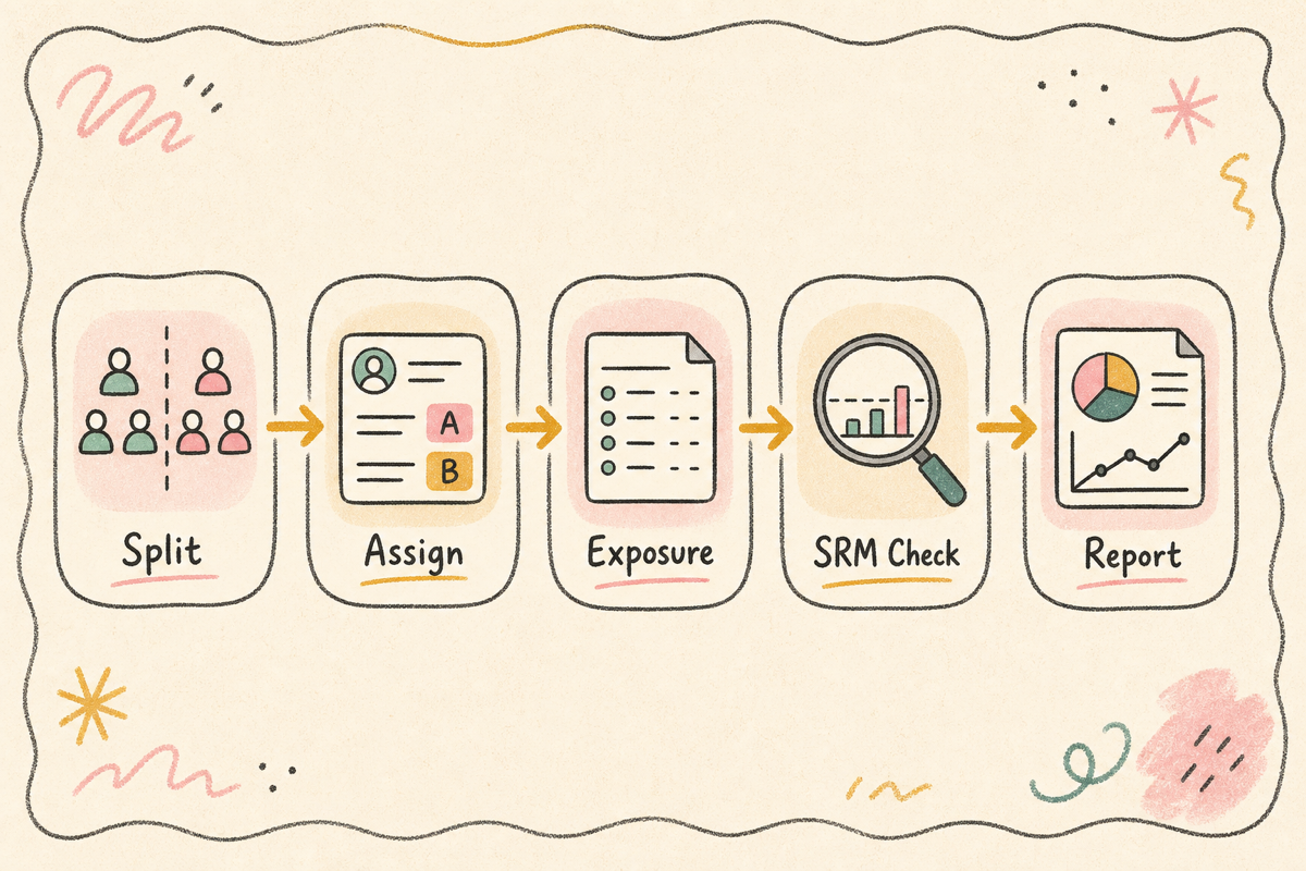 사용자 → split assignment → exposure log → 결과 집계 → SRM 검정 → 보고 5단계 데이터 플로우 다이어그램