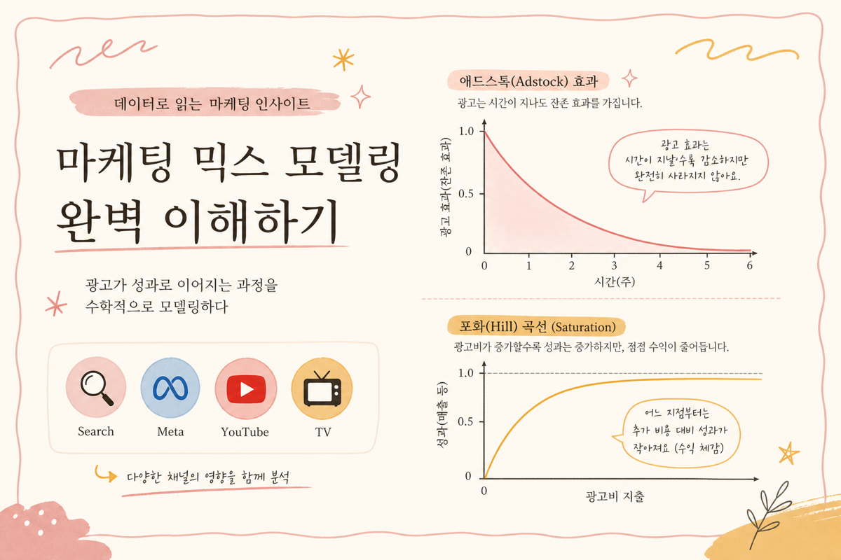 채널별 adstock 잔여 효과와 saturation 수확체감이 함께 표현된 인포그래픽