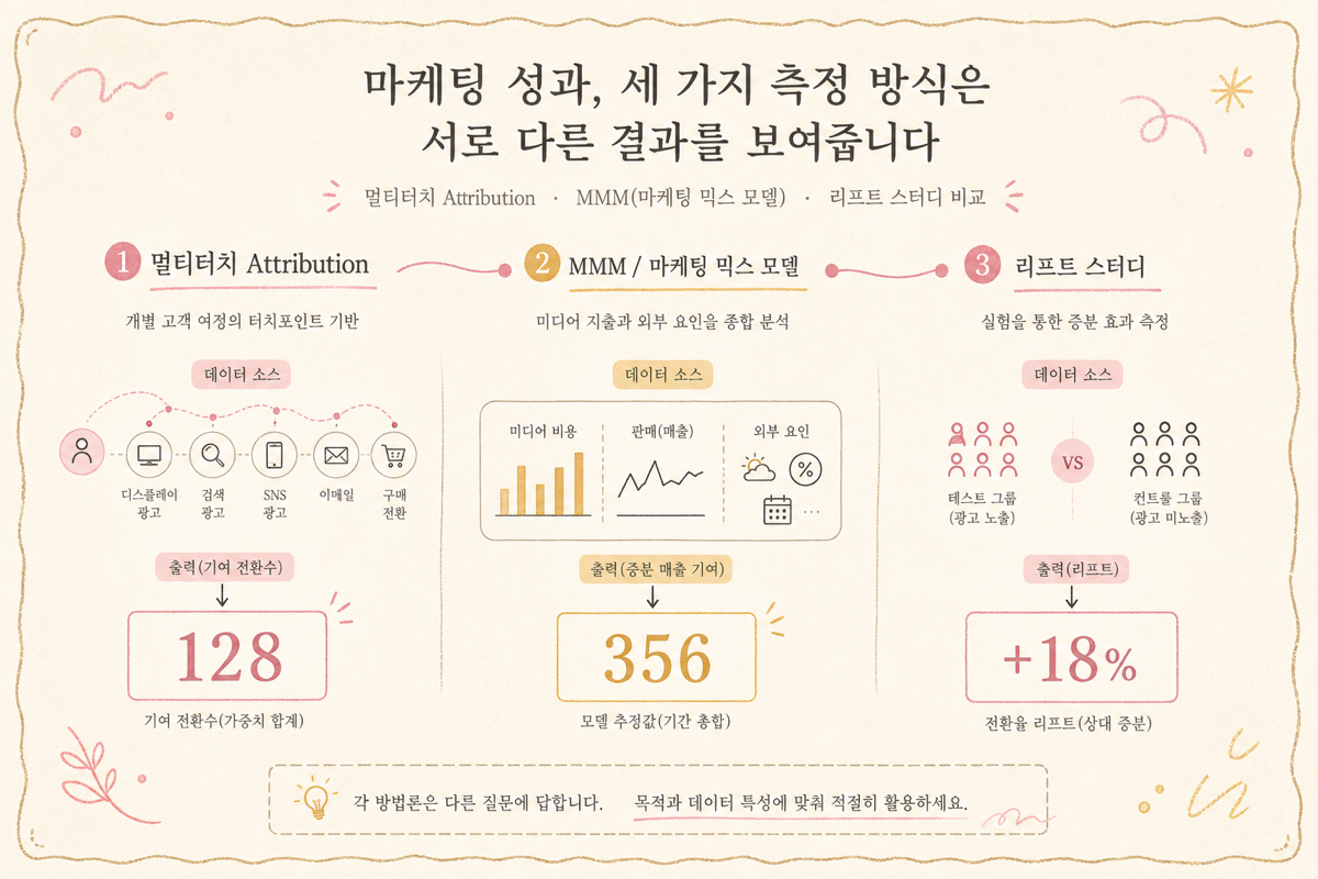 MTA·MMM·Lift 세 측정이 같은 캠페인을 두고 서로 다른 ROAS를 내는 모습