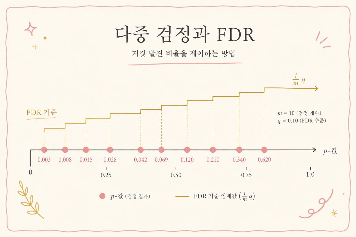 Bonferroni vs FDR 보정의 비교 다이어그램