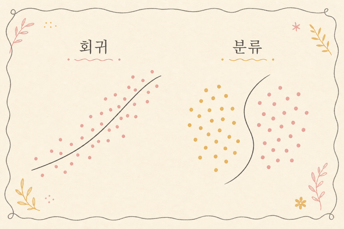 회귀와 분류 두 가족의 입력·출력·평가 비교 다이어그램