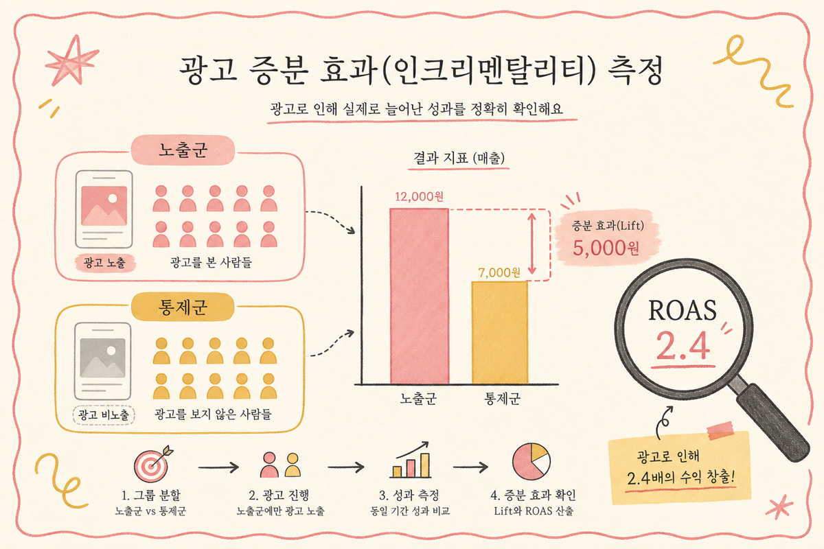 광고 노출군과 대조군의 매출 차이로 증분(lift)을 측정하는 반사실 구조를 보여주는 다이어그램