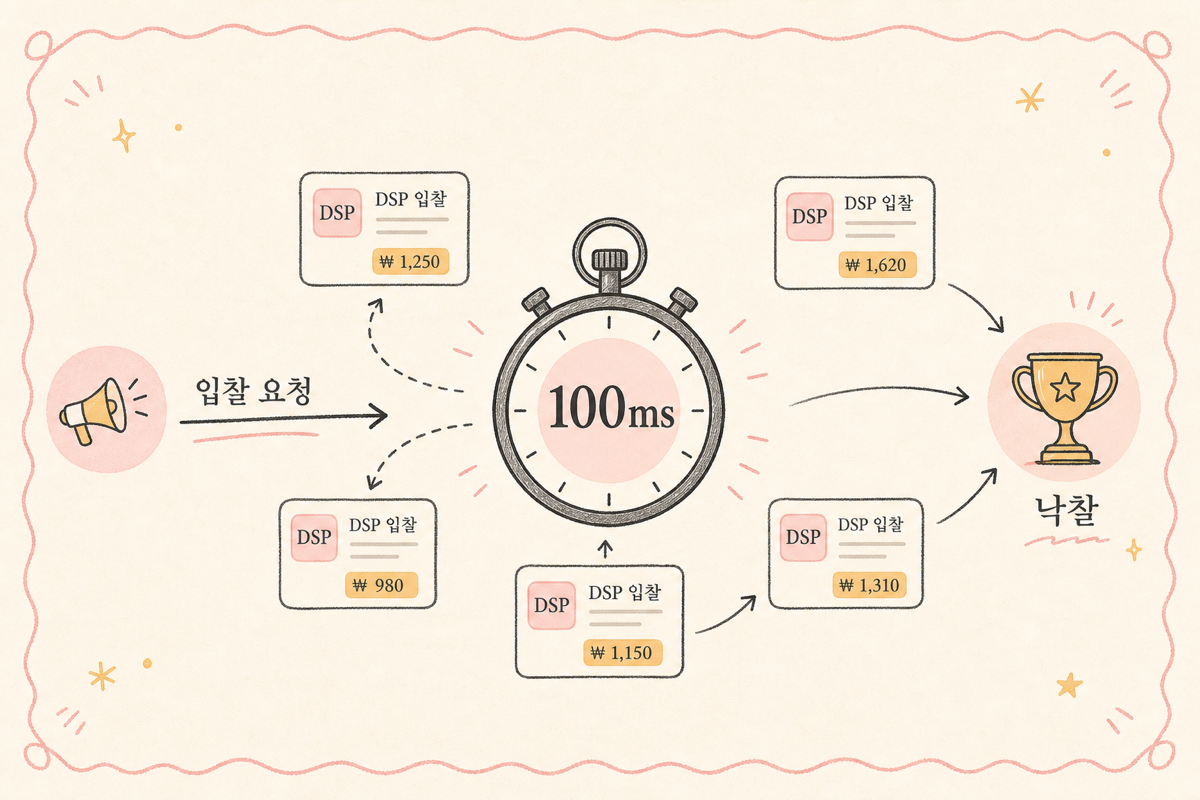 한 임프레션이 입찰 요청·다수 DSP 입찰·낙찰의 흐름을 거치는 0.1초 다이어그램