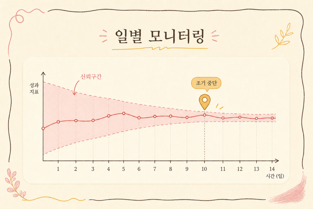 peeking이 거짓양성을 부풀리는 vs Sequential testing의 always-valid 보증 다이어그램