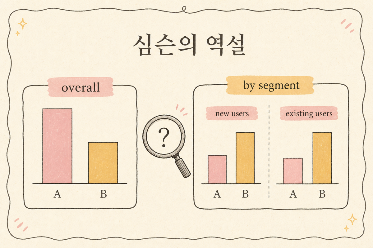 전체로는 A 우위, 세그먼트별로는 B 우위인 역설을 그래프로 표현한 인포그래픽