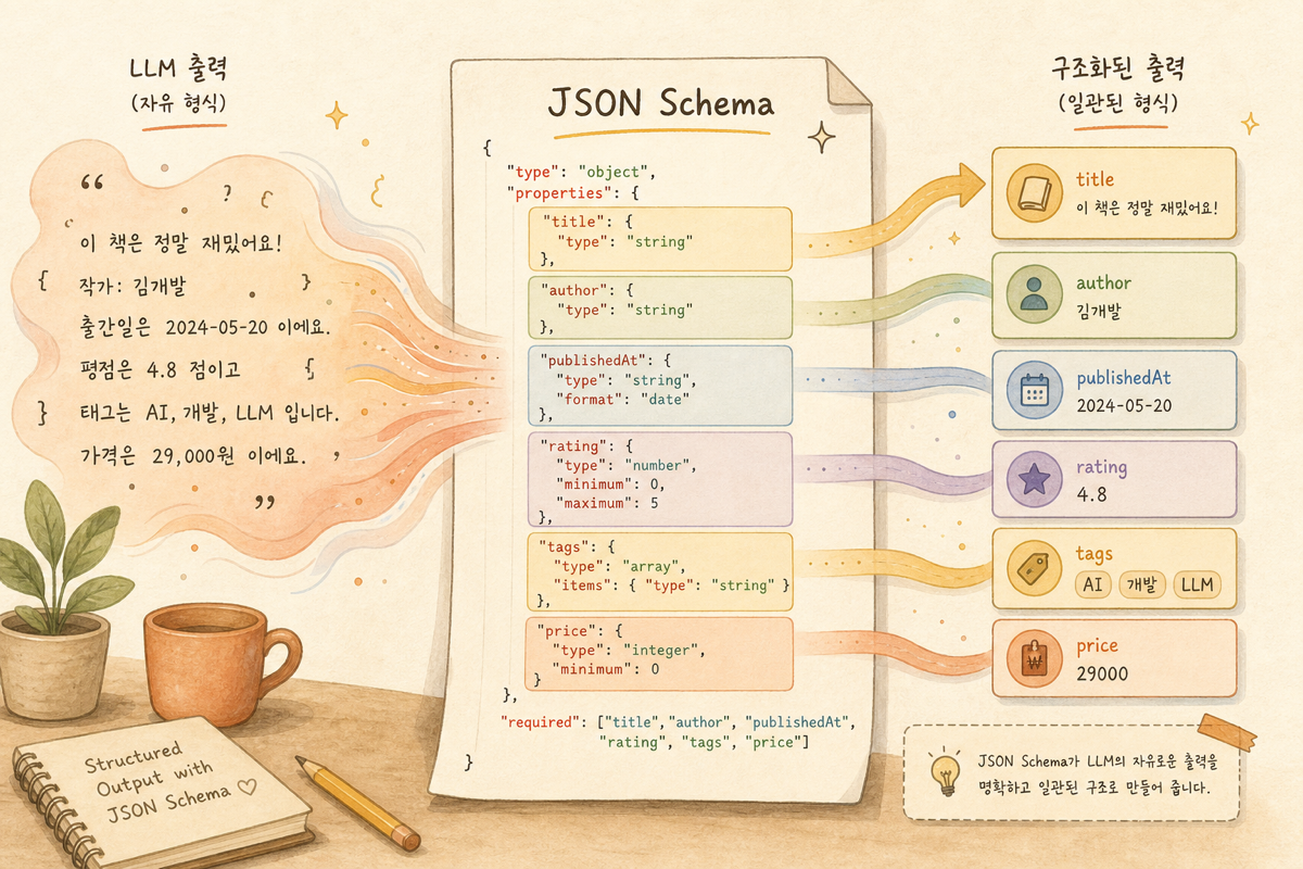 JSON Schema가 LLM 출력의 자유 형식을 강제 형식으로 제약해 파서 친화적인 JSON으로 변환하는 다이어그램