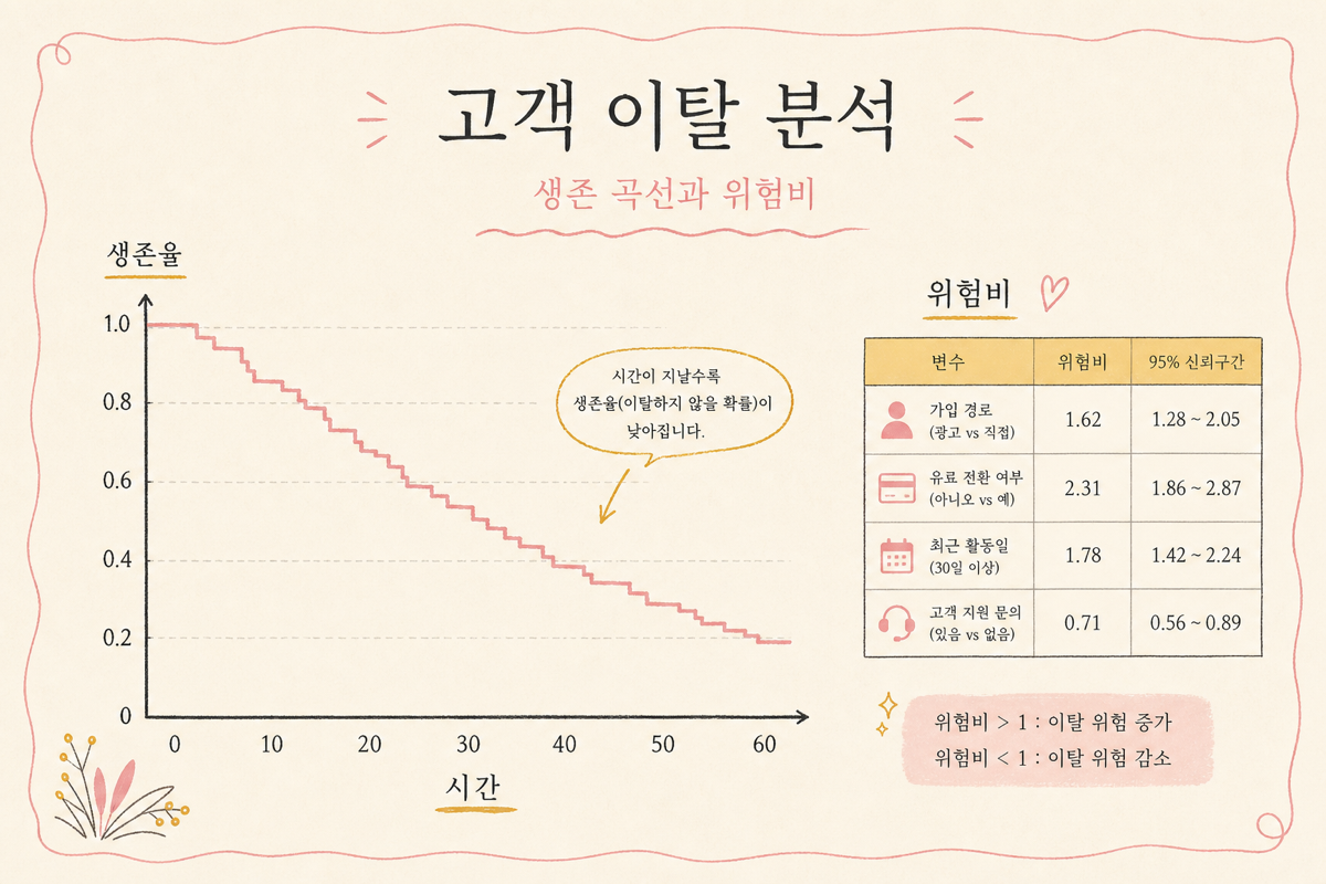 Kaplan-Meier 곡선과 hazard 변화 다이어그램