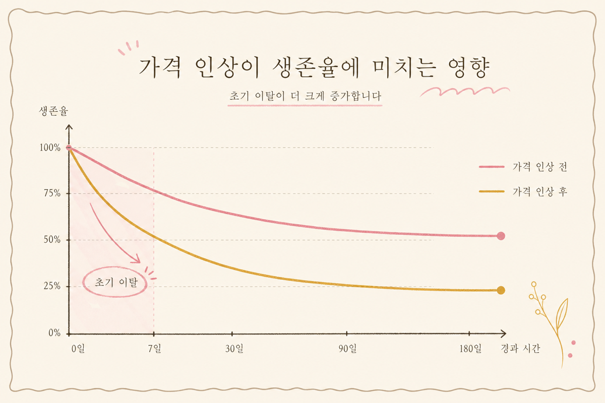 가격 인상 전·후 survival curve 비교 + 이탈 hazard 변화 다이어그램