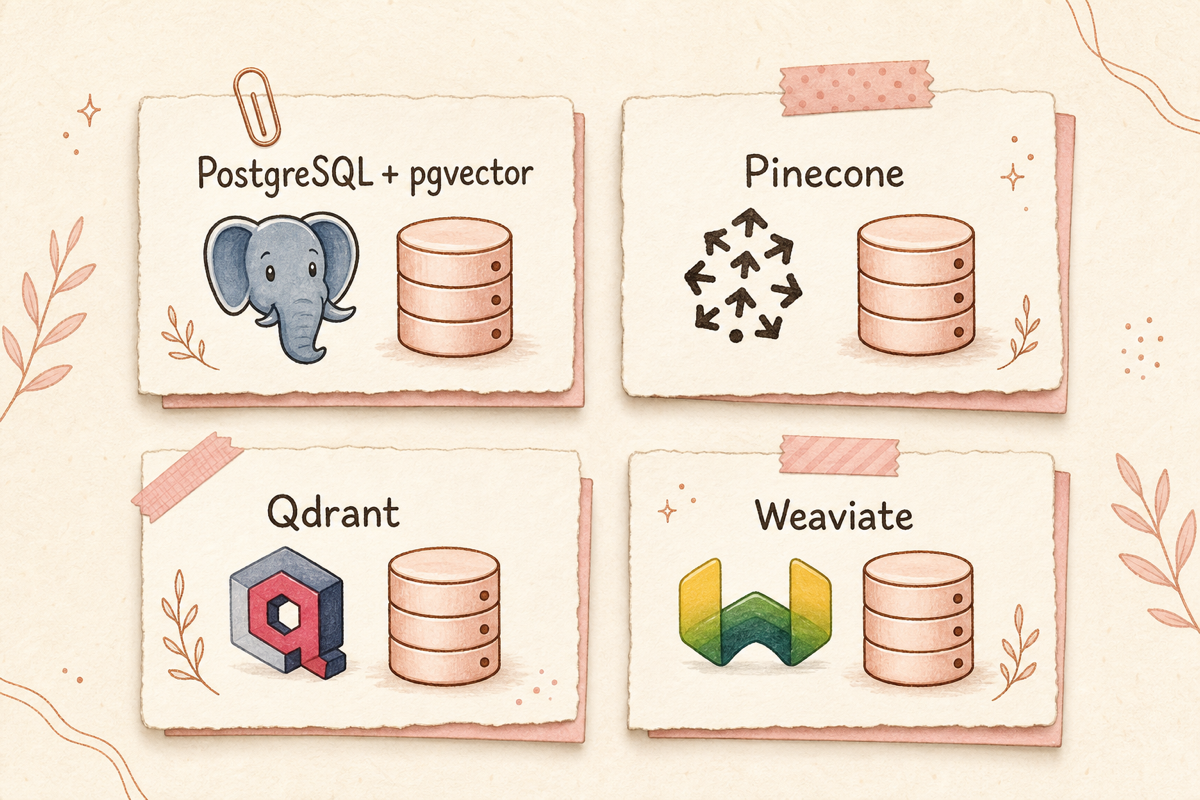 pgvector·Pinecone·Qdrant·Weaviate 4개 vector DB의 비용·속도·운영 부담·기능 4차원 비교 다이어그램